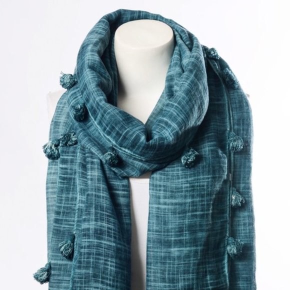 Pom Lightweight Tassel Scarf in Teal - Picture 4 of 4
